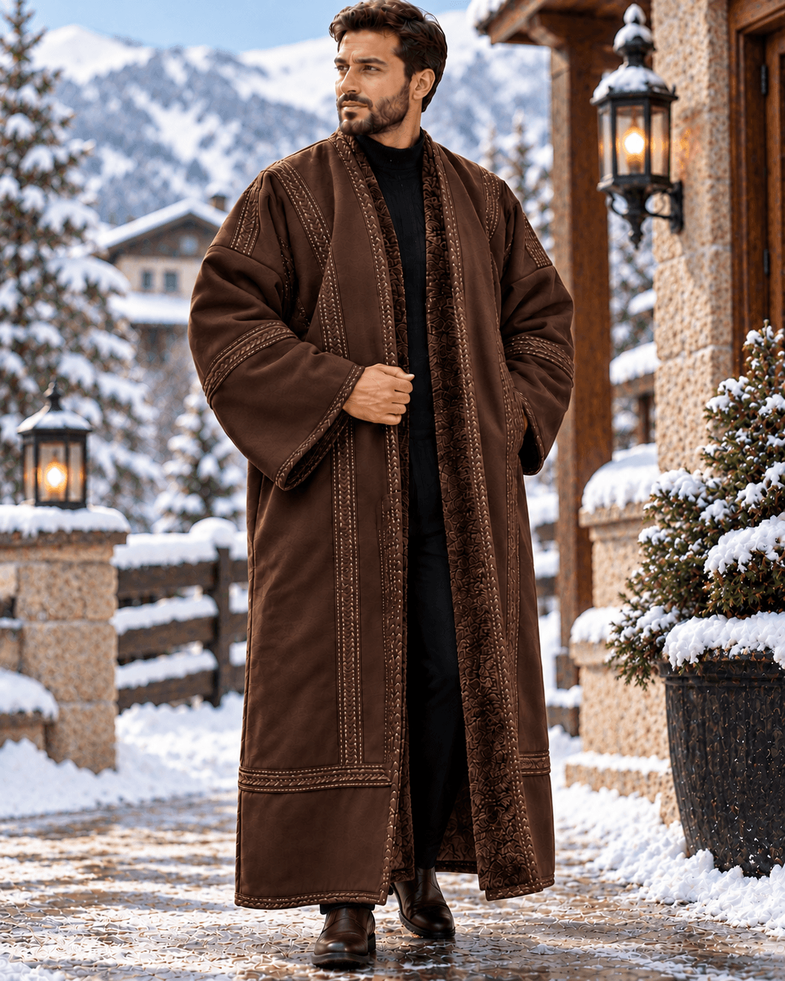 Men's Traditional Jordanian Farwa Winter Coat | Faux Fur Lined worn by a man in a snowy outdoor setting.