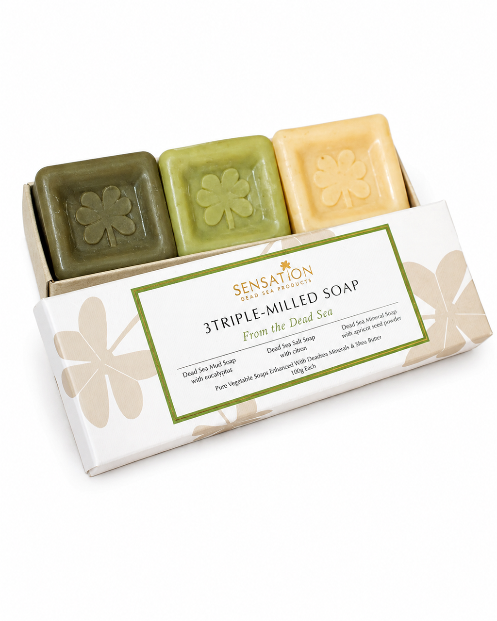 Triple-Milled Dead Sea Soaps - Set of three vegetable soaps enriched with Dead Sea mud and minerals.
