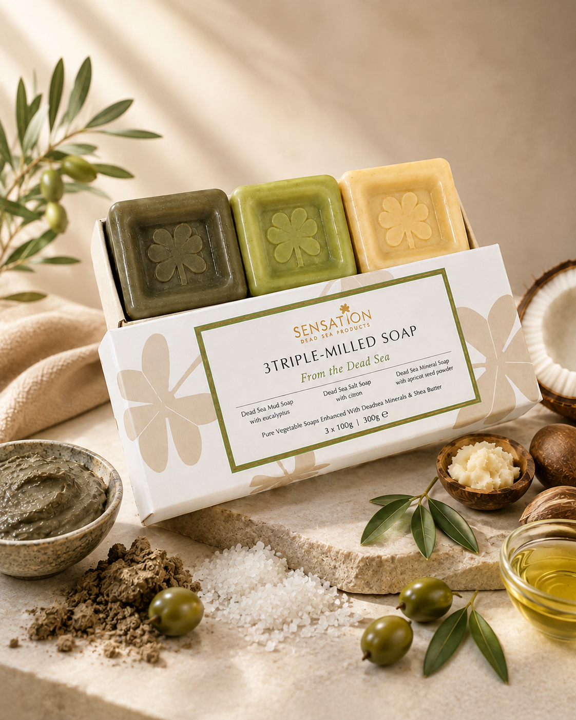3 Triple-Milled Mixed Dead Sea Soaps with natural ingredients and luxurious packaging.