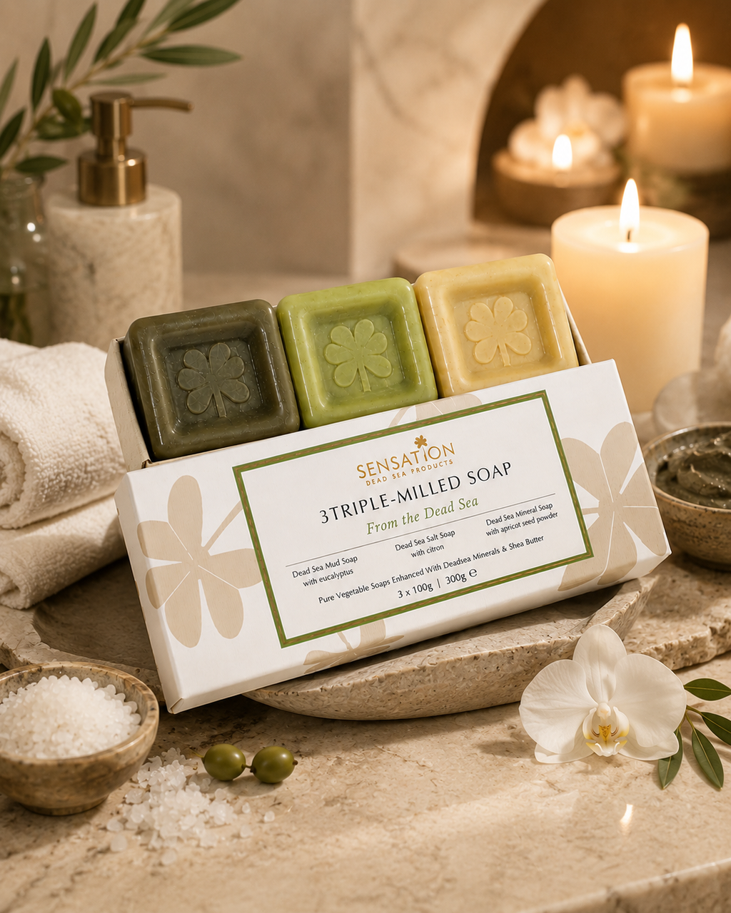 3 Triple-Milled Dead Sea Soaps in a natural setting with candles and decorative elements.