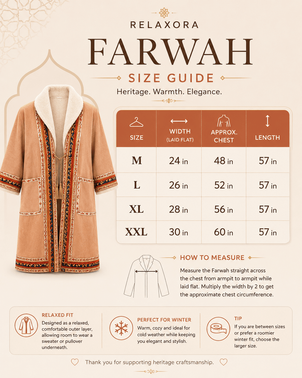 Women's Traditional Jordanian Farwa Winter Coat size chart showing available sizes and measurements