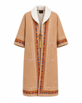 women's traditional Jordanian farwa winter coat in camel with white fur collar and colorful embroidered trim