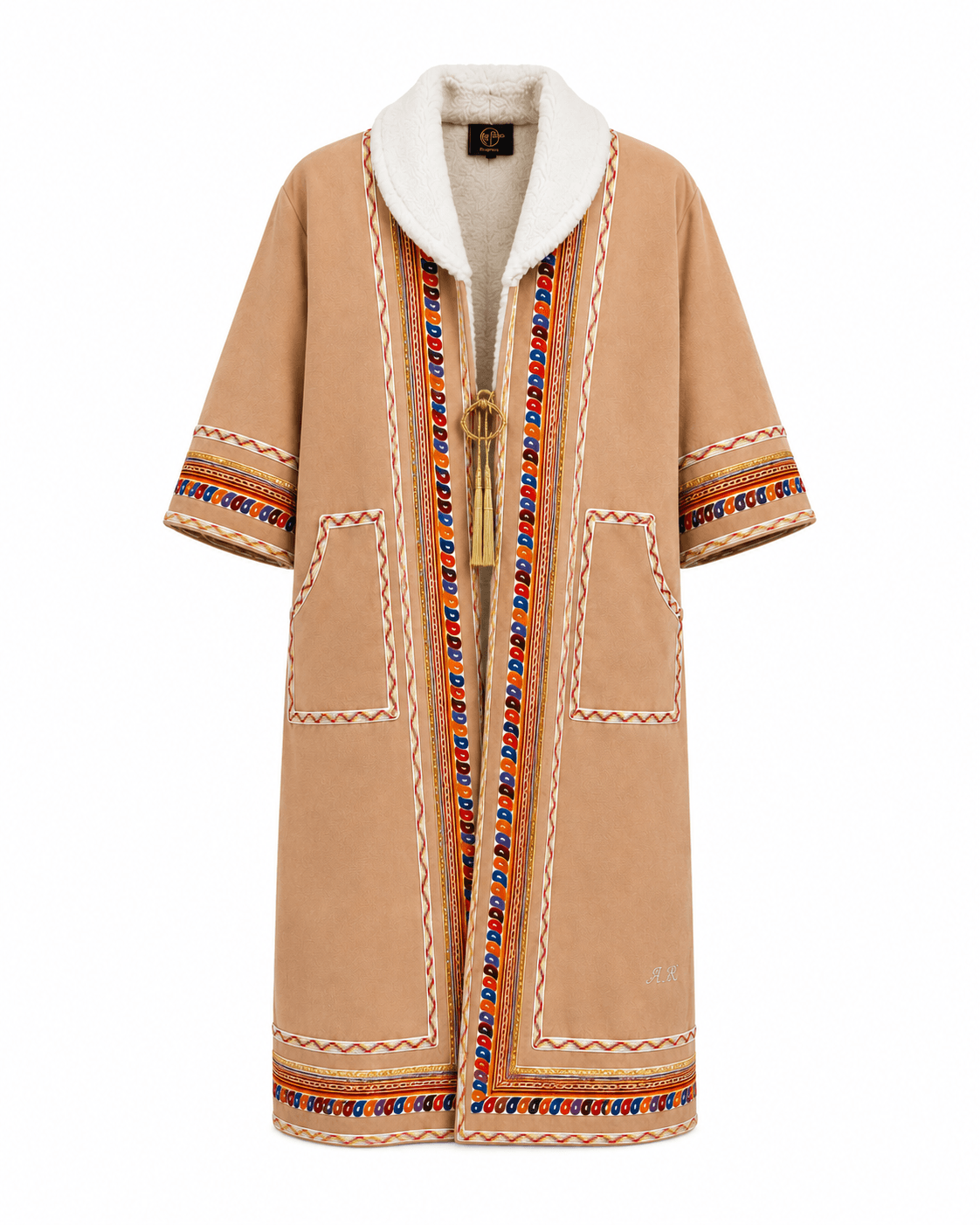 women's traditional Jordanian farwa winter coat in camel with white fur collar and colorful embroidered trim