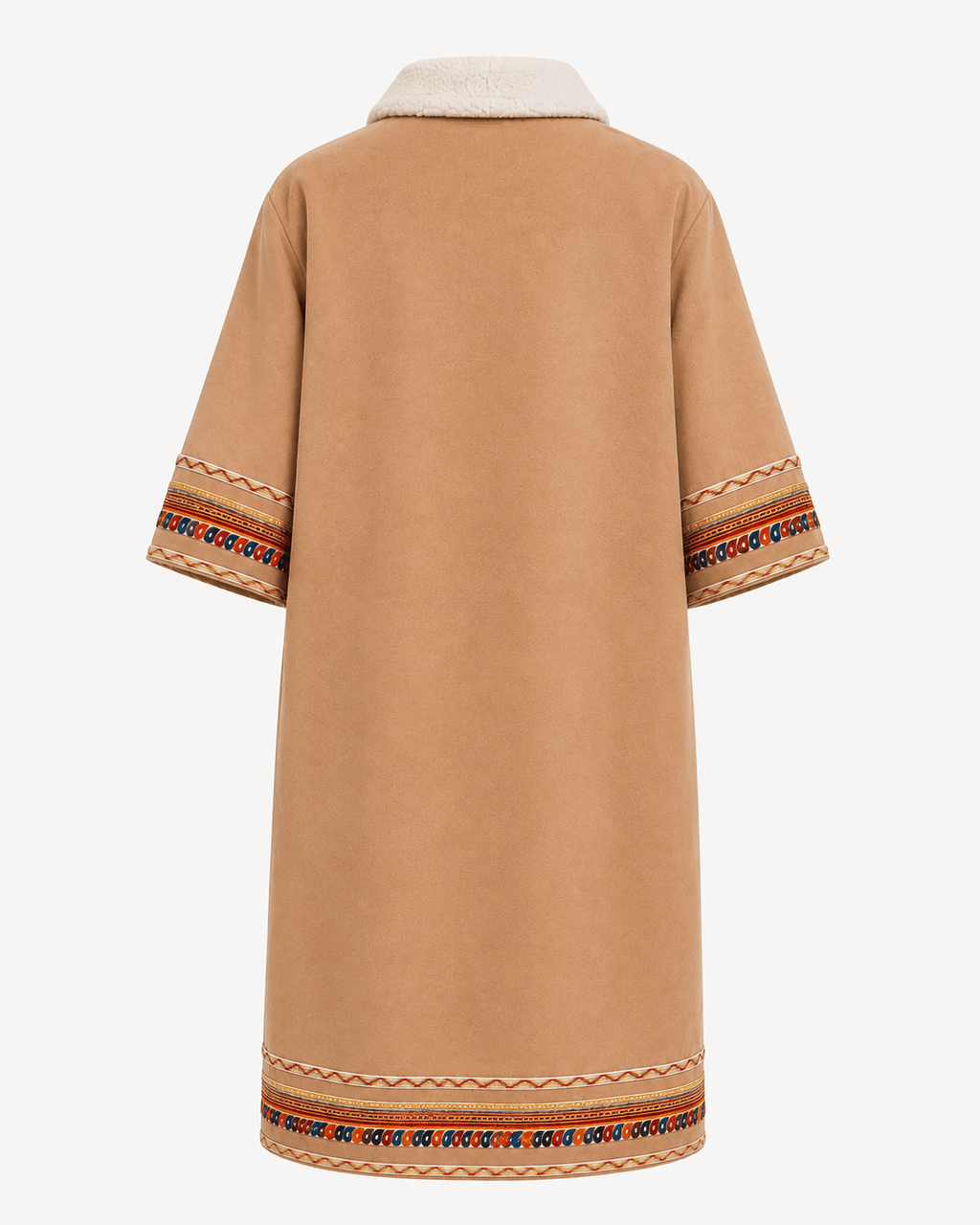 women's traditional Jordanian farwa winter coat back view in camel with traditional embroidered trim