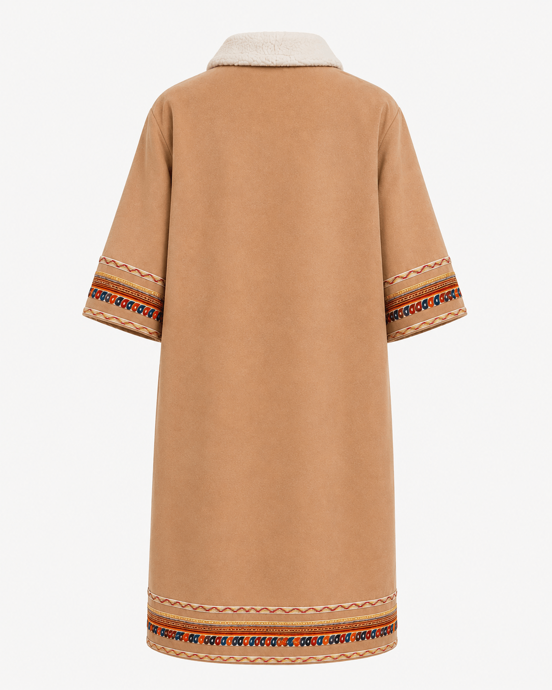 women's traditional Jordanian farwa winter coat back view in camel with traditional embroidered trim