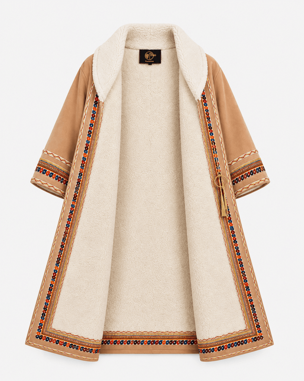 women's traditional Jordanian farwa winter coat open to show soft warm fur lining and embroidered edges