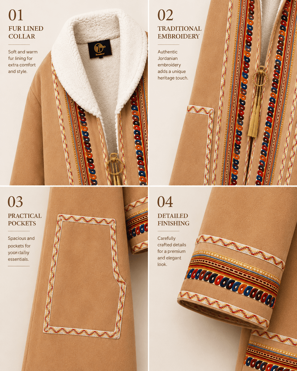 women's traditional Jordanian farwa winter coat detailed view of fur lining, pockets, and colorful traditional embroidery