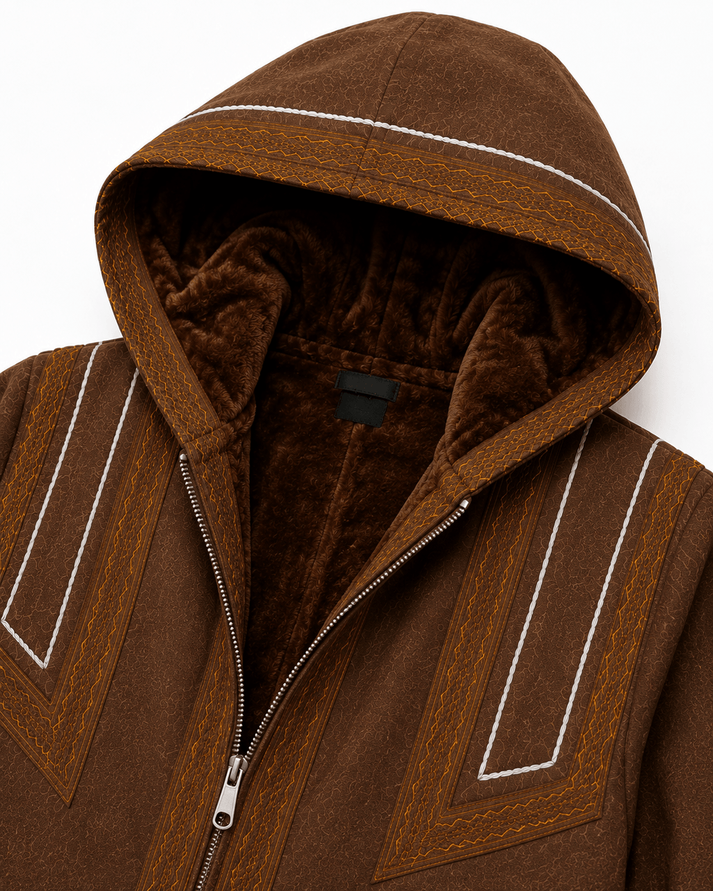 Mens Traditional Jordanian Farwa Winter Coat hood and artificial fur lining close-up