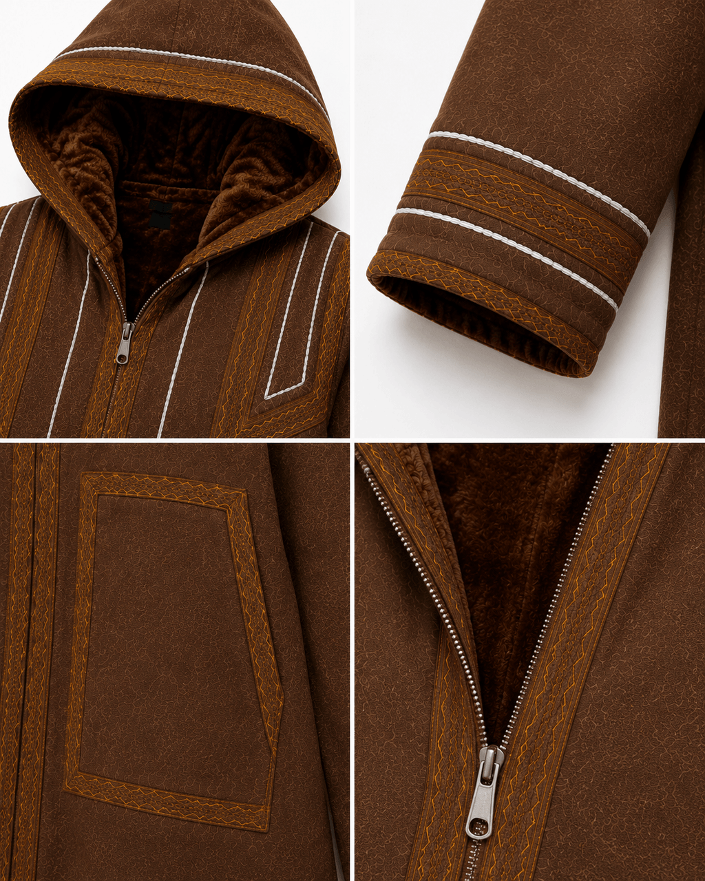 Mens Traditional Jordanian Farwa Winter Coat showing embroidered trim, zipper and fur lining