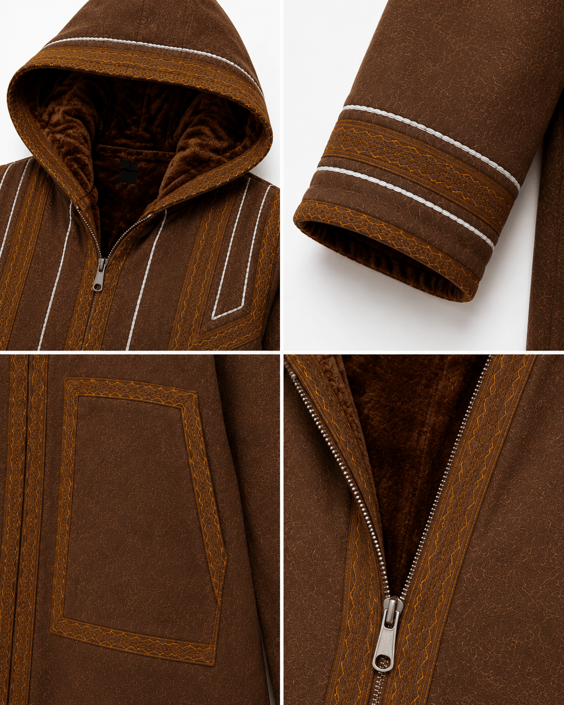 Mens Traditional Jordanian Farwa Winter Coat showing embroidered trim, zipper and fur lining