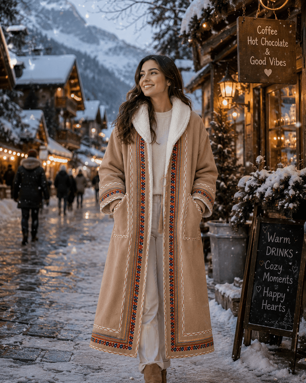 women's traditional Jordanian farwa winter coat worn by a woman outdoors in cold winter weather