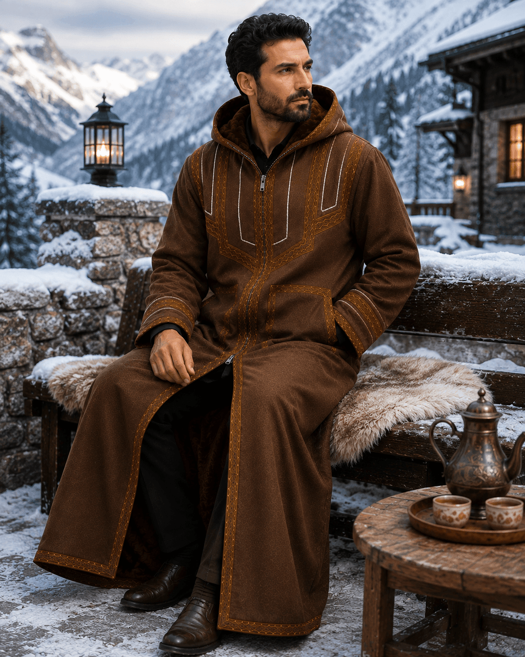 Mens Traditional Jordanian Farwa Winter Coat with hood and embroidered details