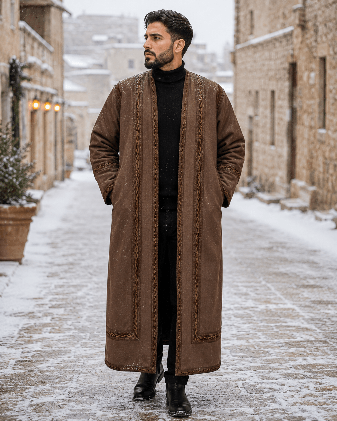 Man wearing a men's traditional Jordanian Farwa winter coat outdoors
