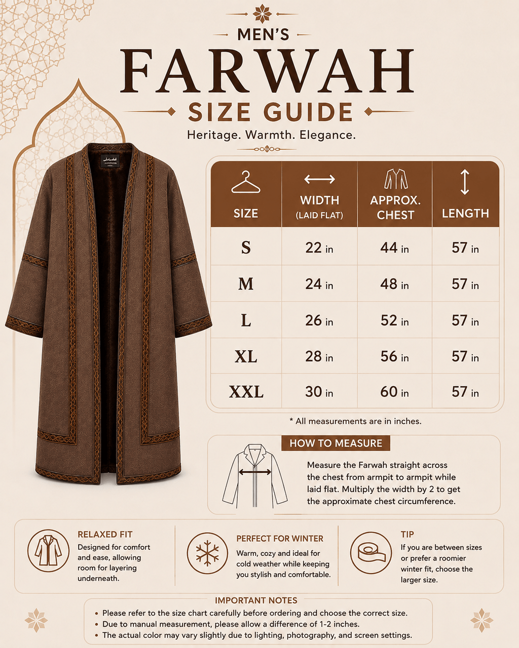 Men's traditional Jordanian Farwa winter coat size chart