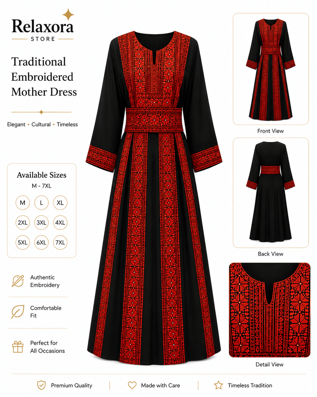 Traditional Palestinian thobe with red embroidery, featuring elegant black fabric and striking red details, perfect for any occasion.