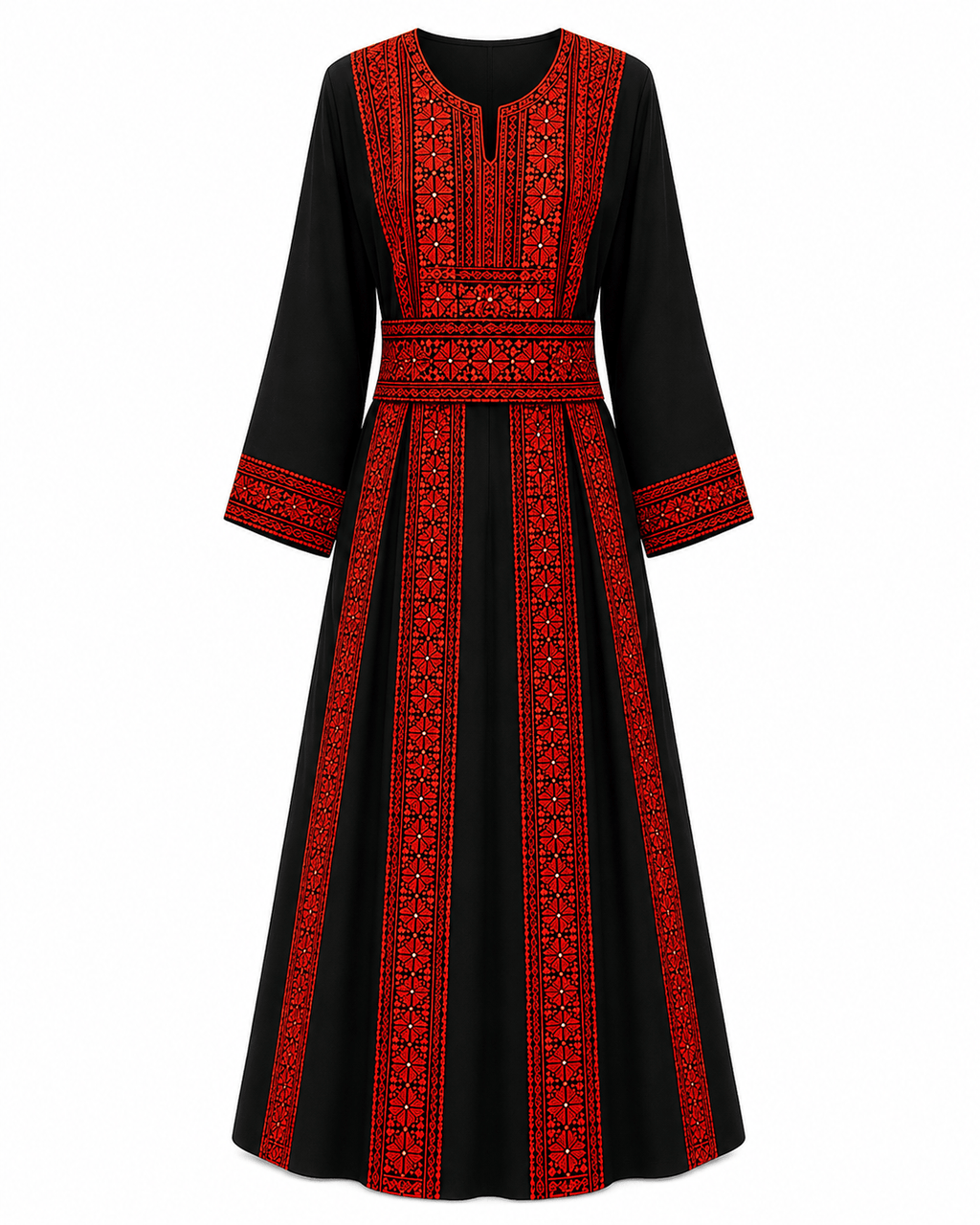 Traditional Palestinian thobe with red embroidery on a black fabric, featuring elegant design and full-length silhouette.