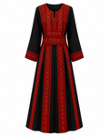 Traditional Palestinian thobe with red embroidery on a black fabric, featuring elegant design and full-length silhouette.
