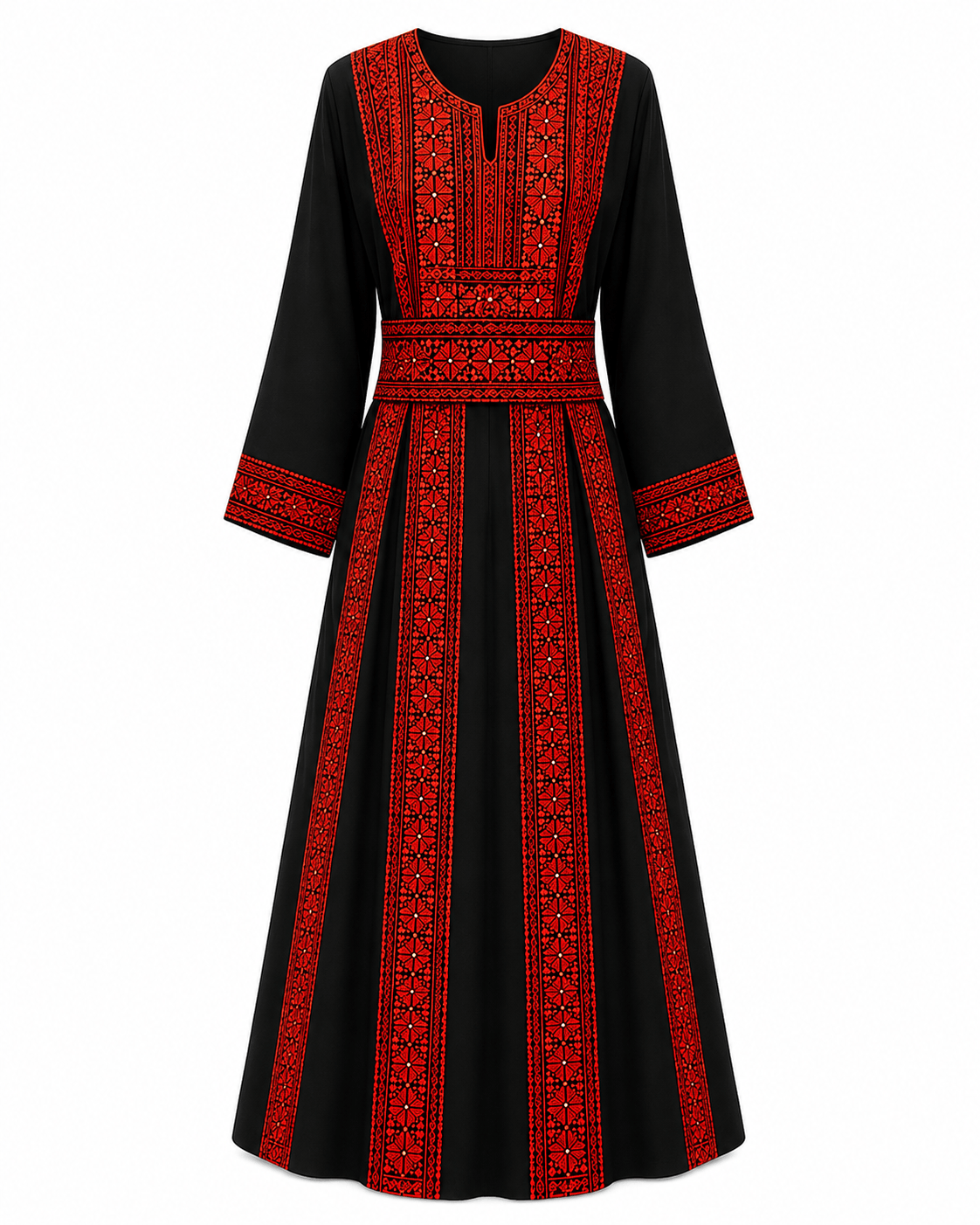 Traditional Palestinian thobe with red embroidery on a black fabric, featuring elegant design and full-length silhouette.