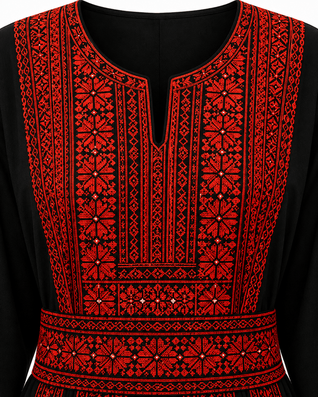 Traditional Palestinian thobe with red embroidery showcasing intricate detailing and bold patterns on a black fabric.