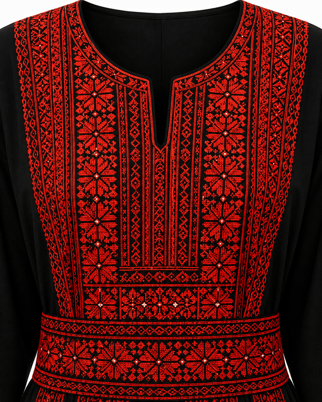 Traditional Palestinian thobe with red embroidery showcasing intricate detailing and bold patterns on a black fabric.