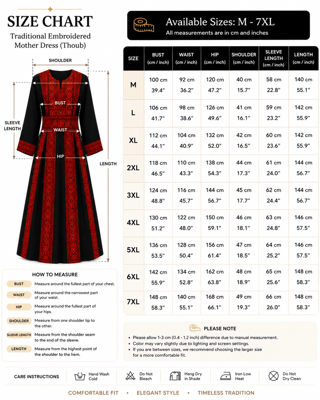 Size chart for traditional Palestinian thobe with red embroidery, available in sizes M to 7XL with detailed measurements.