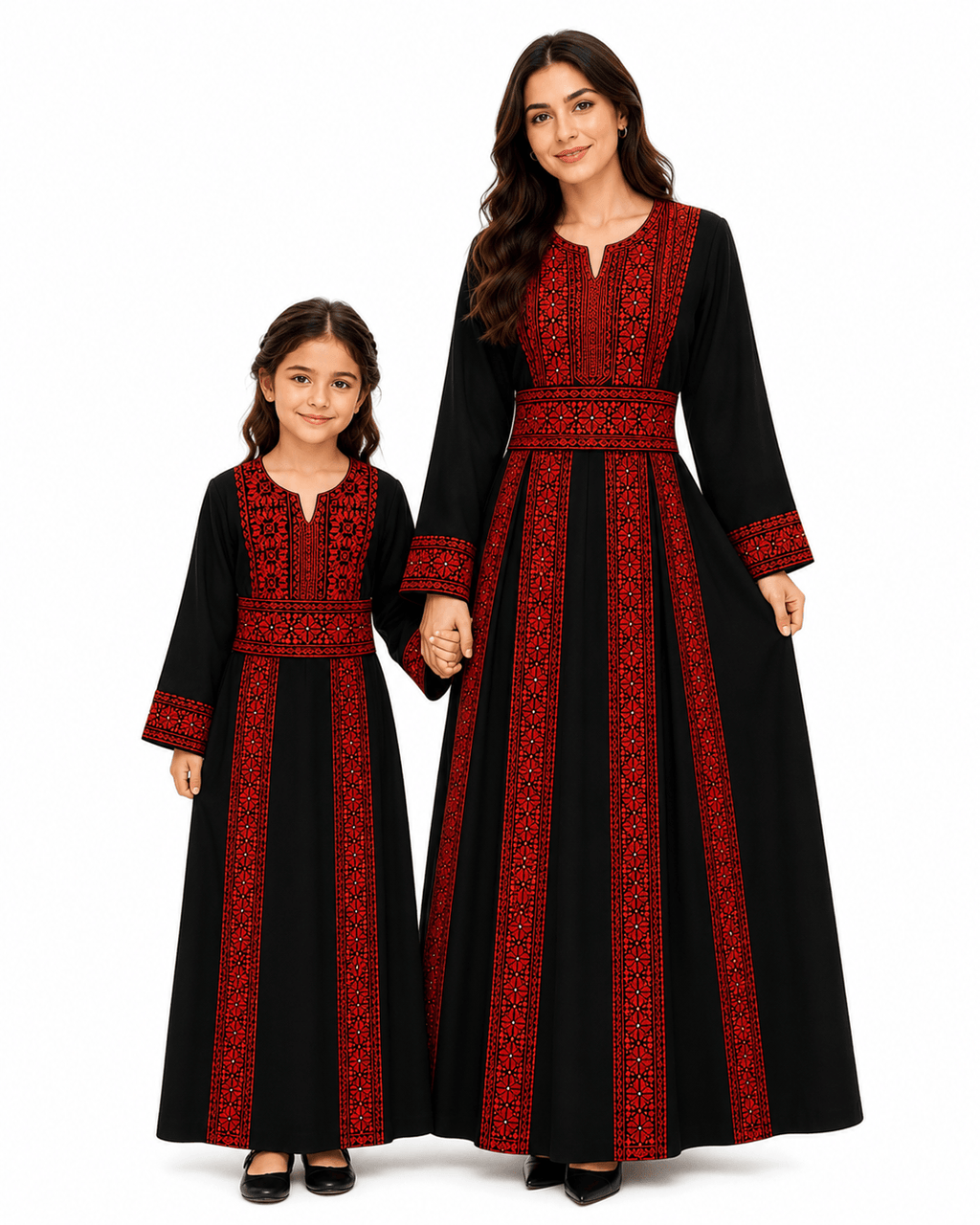 Traditional Palestinian thobe with red embroidery worn by a woman and girl, showcasing elegant black fabric and striking design.