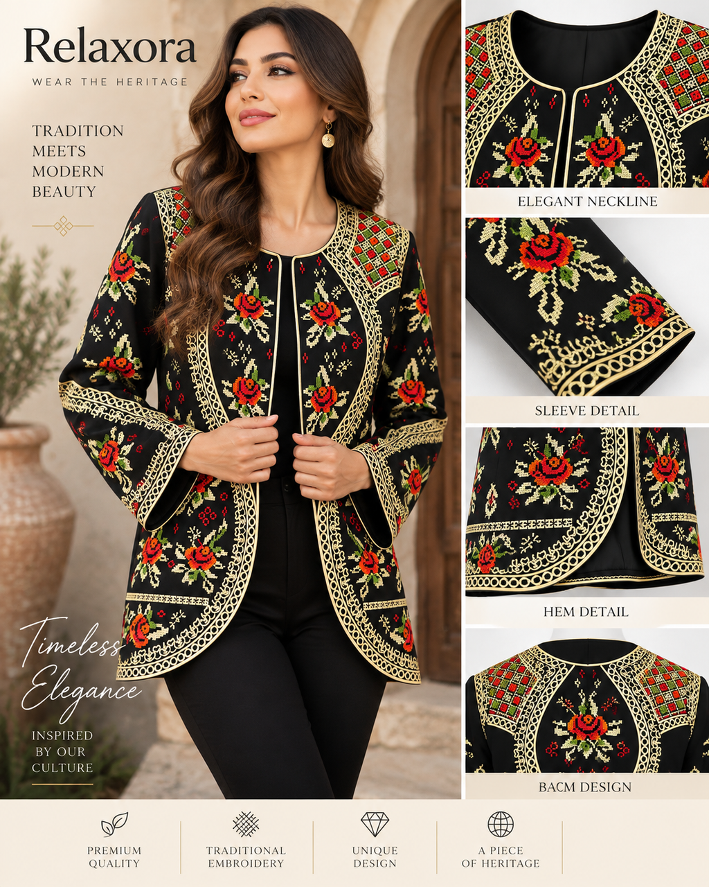 Embroidered crepe jacket for women showcasing elegant neckline, sleeve, hem, and baci design with traditional floral embroidery.