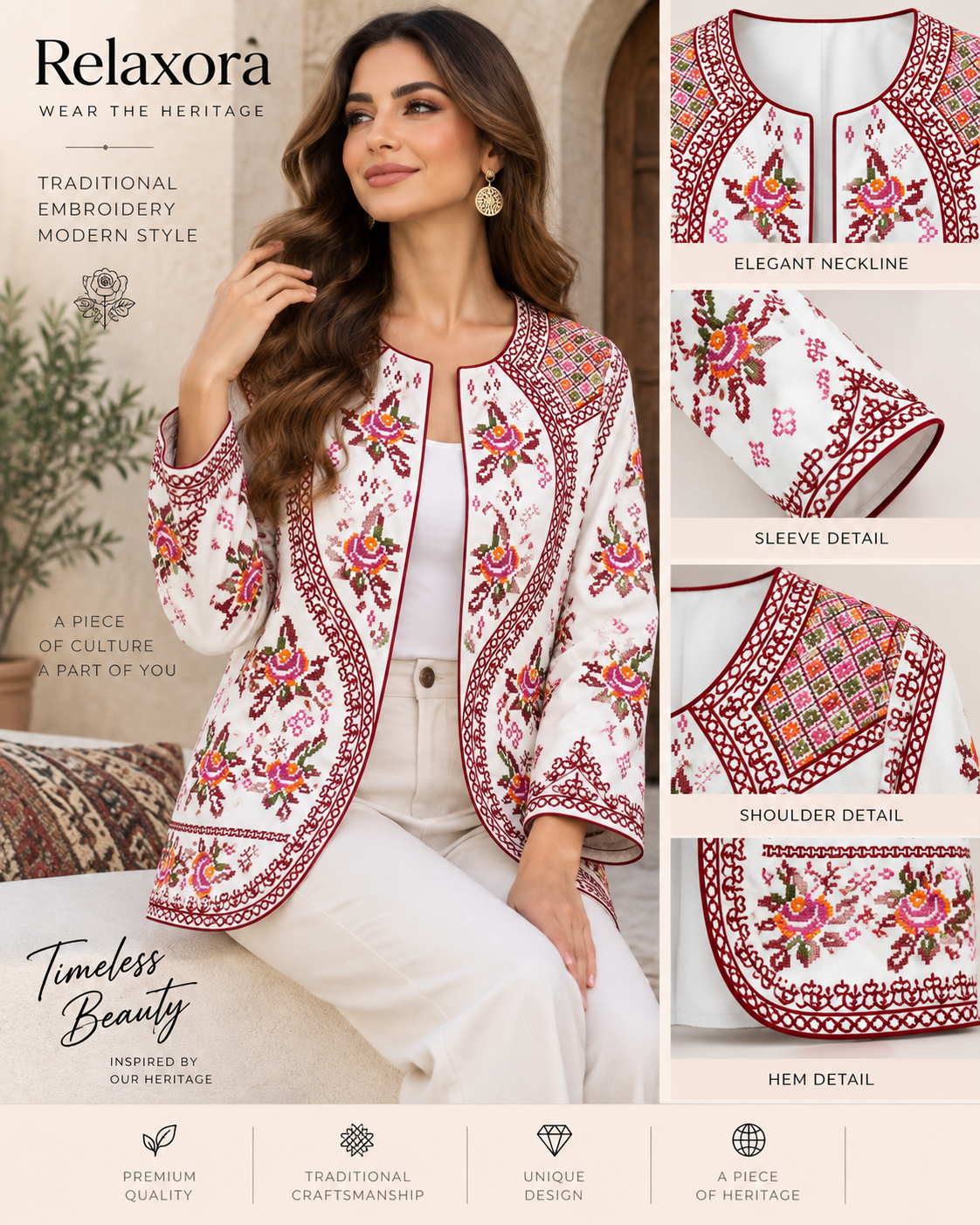 Embroidered crepe jacket for women with elegant neckline and floral embroidery details showcasing traditional craftsmanship.