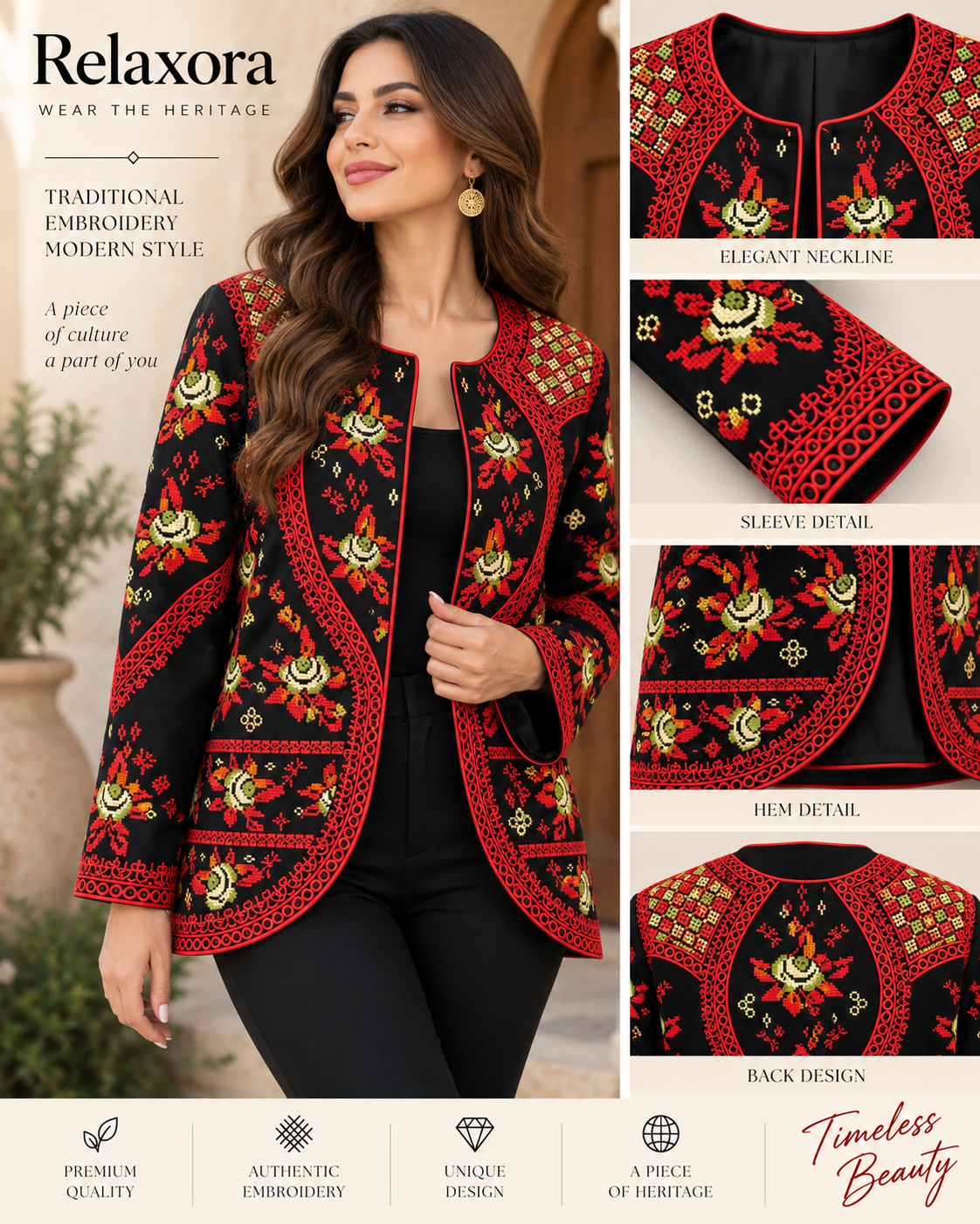 Embroidered crepe jacket for women featuring elegant neckline and intricate floral embroidery details.