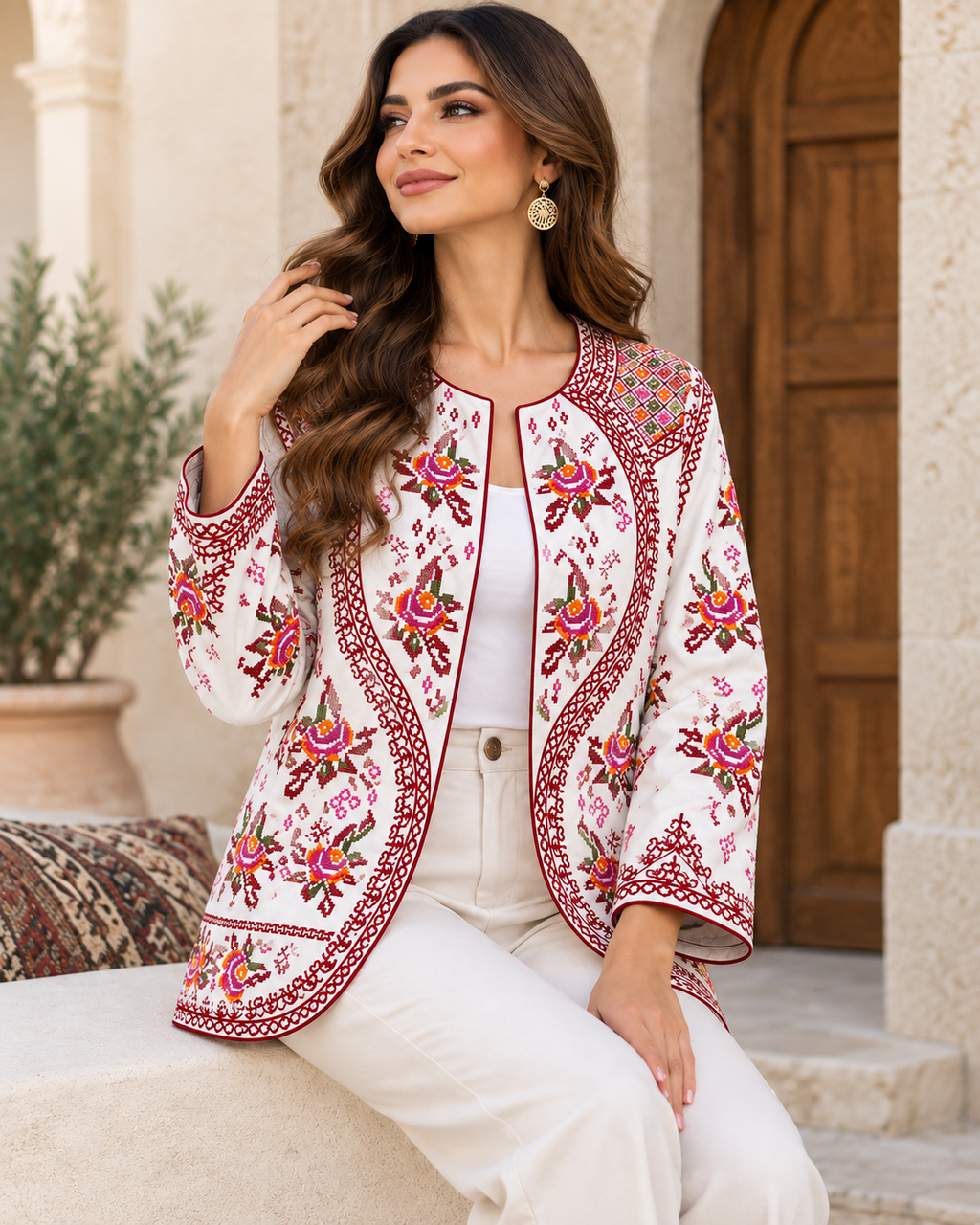 Embroidered crepe jacket for women with intricate floral embroidery displayed outdoors.