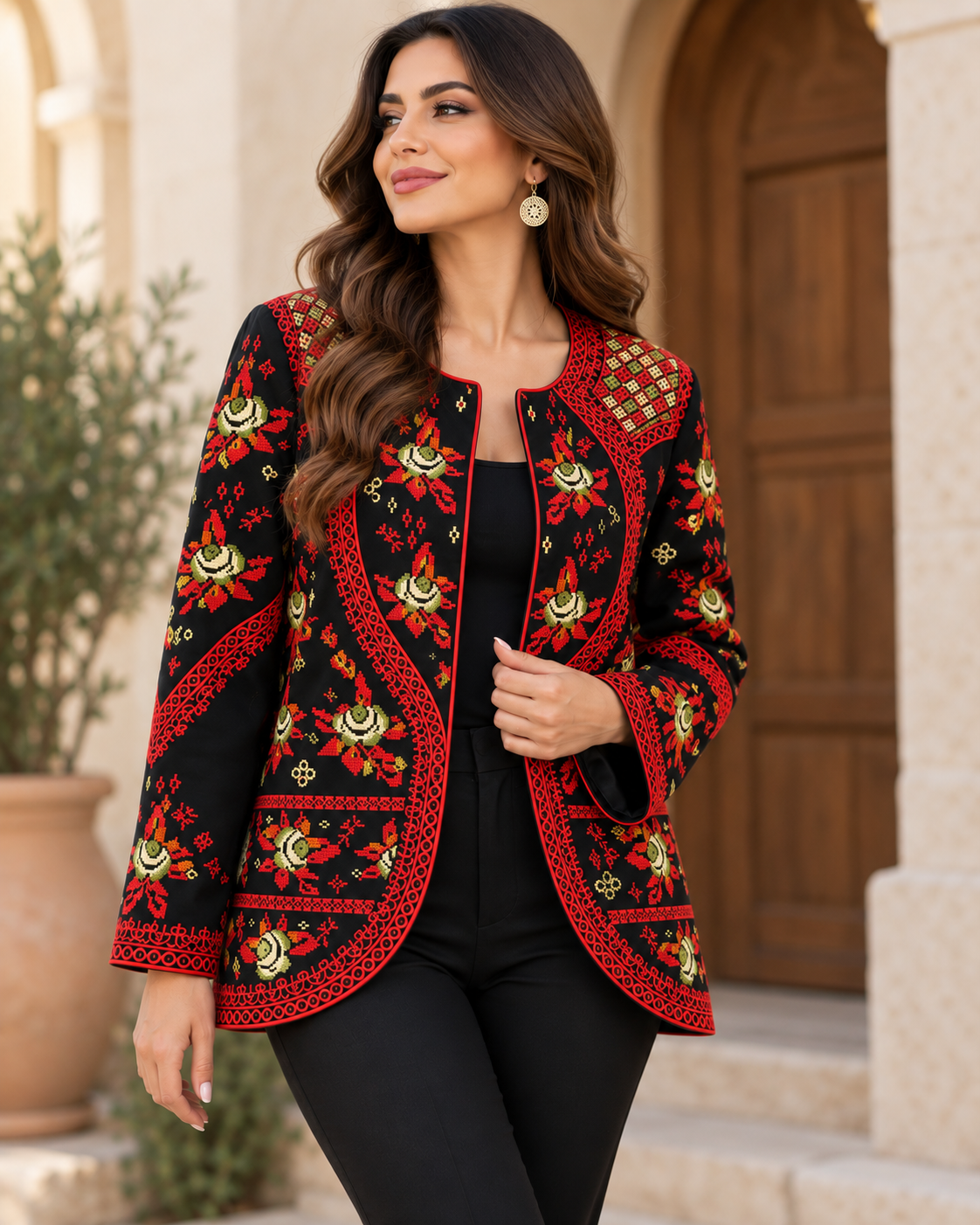 Embroidered Crepe Jacket for Women, showcasing intricate floral and geometric embroidery in red and black.
