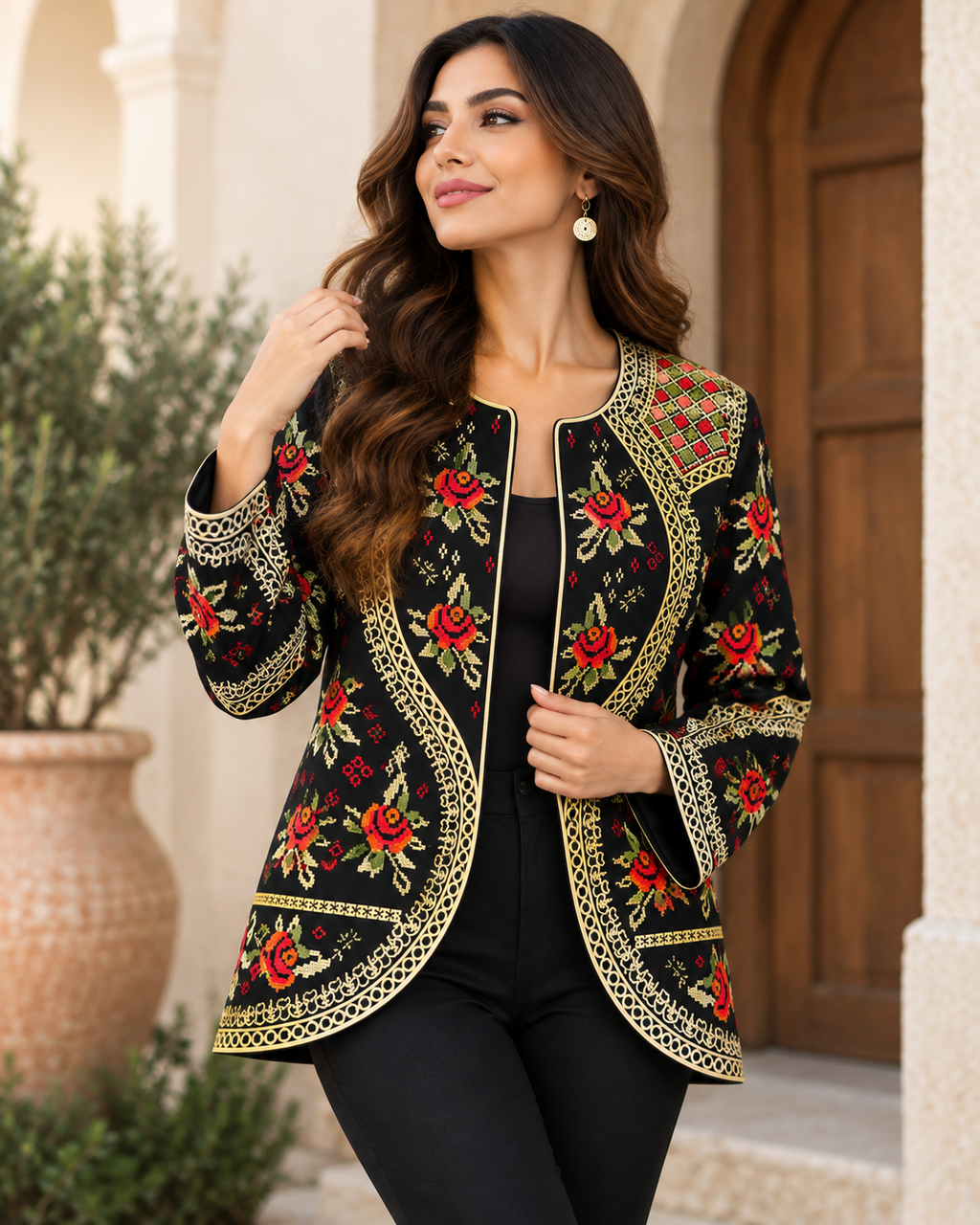 Embroidered crepe jacket for women featuring intricate floral embroidery on a black background, ideal for traditional heritage fashion.