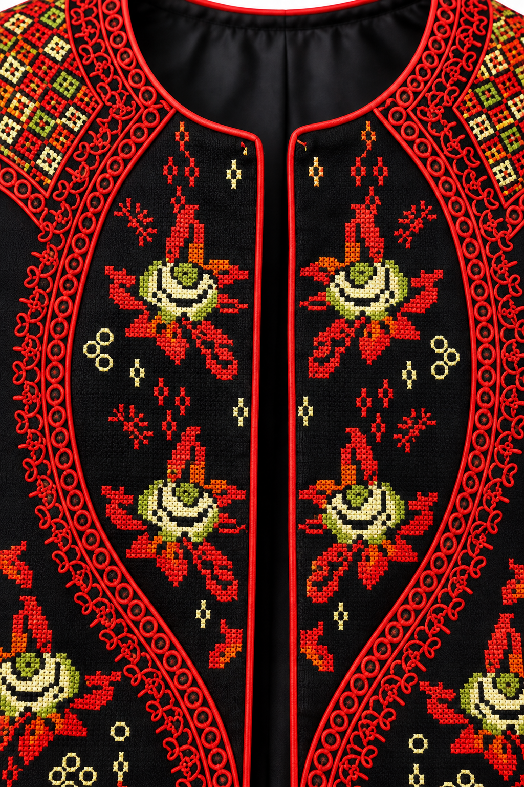 embroidered crepe jacket for women featuring vibrant floral embroidery and intricate geometric patterns.
