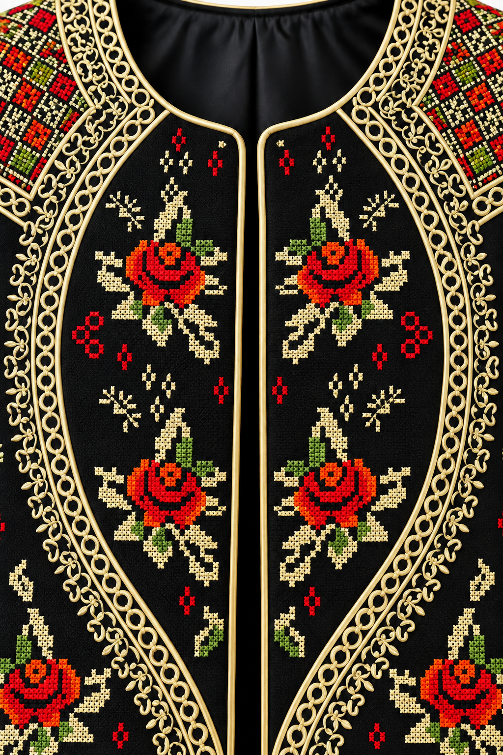 Close-up of the embroidered crepe jacket for women showcasing intricate floral designs in vibrant colors.