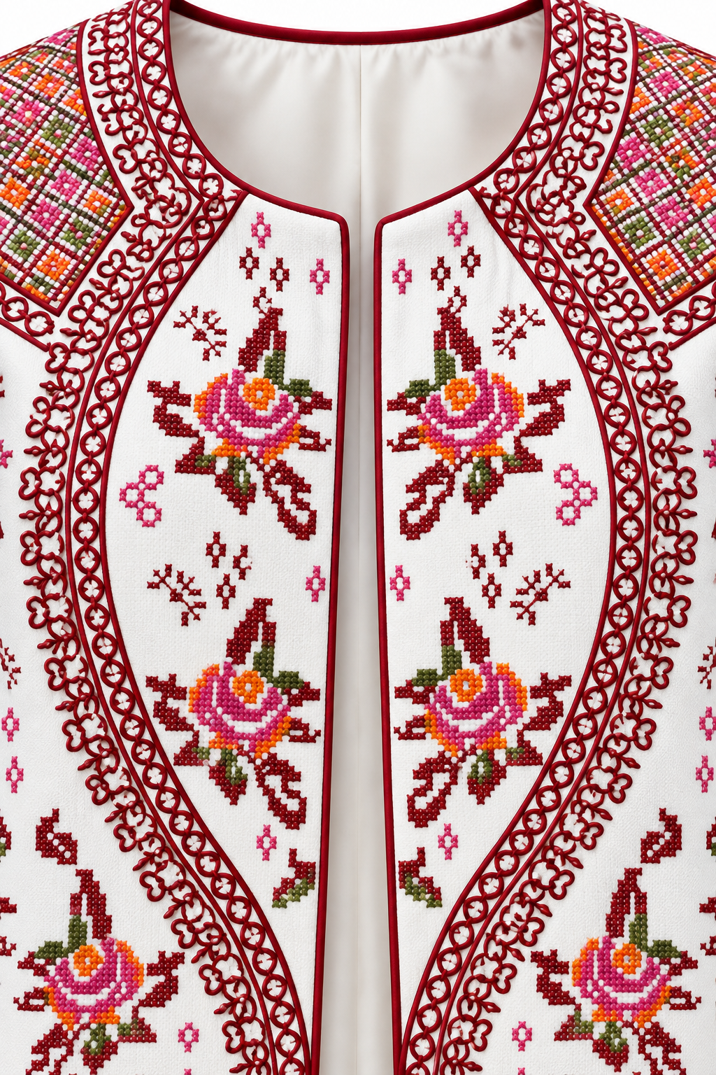 Embroidered crepe jacket for women featuring intricate floral and geometric designs in vibrant colors.
