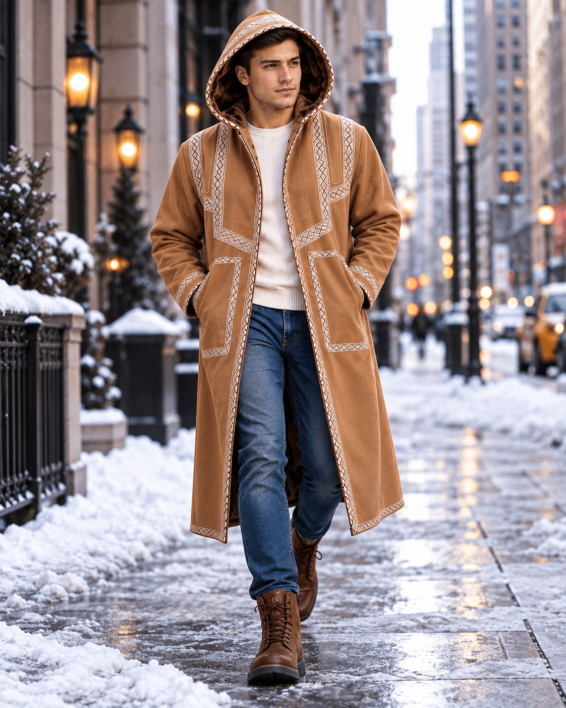 Mens Traditional Jordanian Farwa Winter Coat worn with jeans in a New York City winter street
