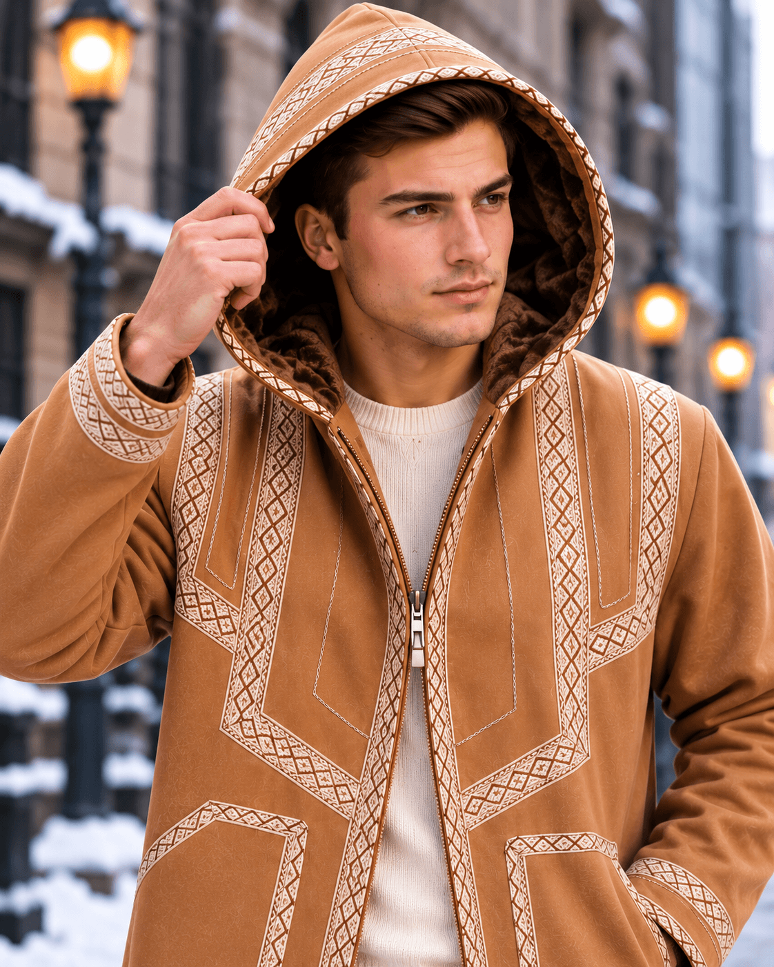 Mens Traditional Jordanian Farwa Winter Coat worn with jeans in a New York City winter street