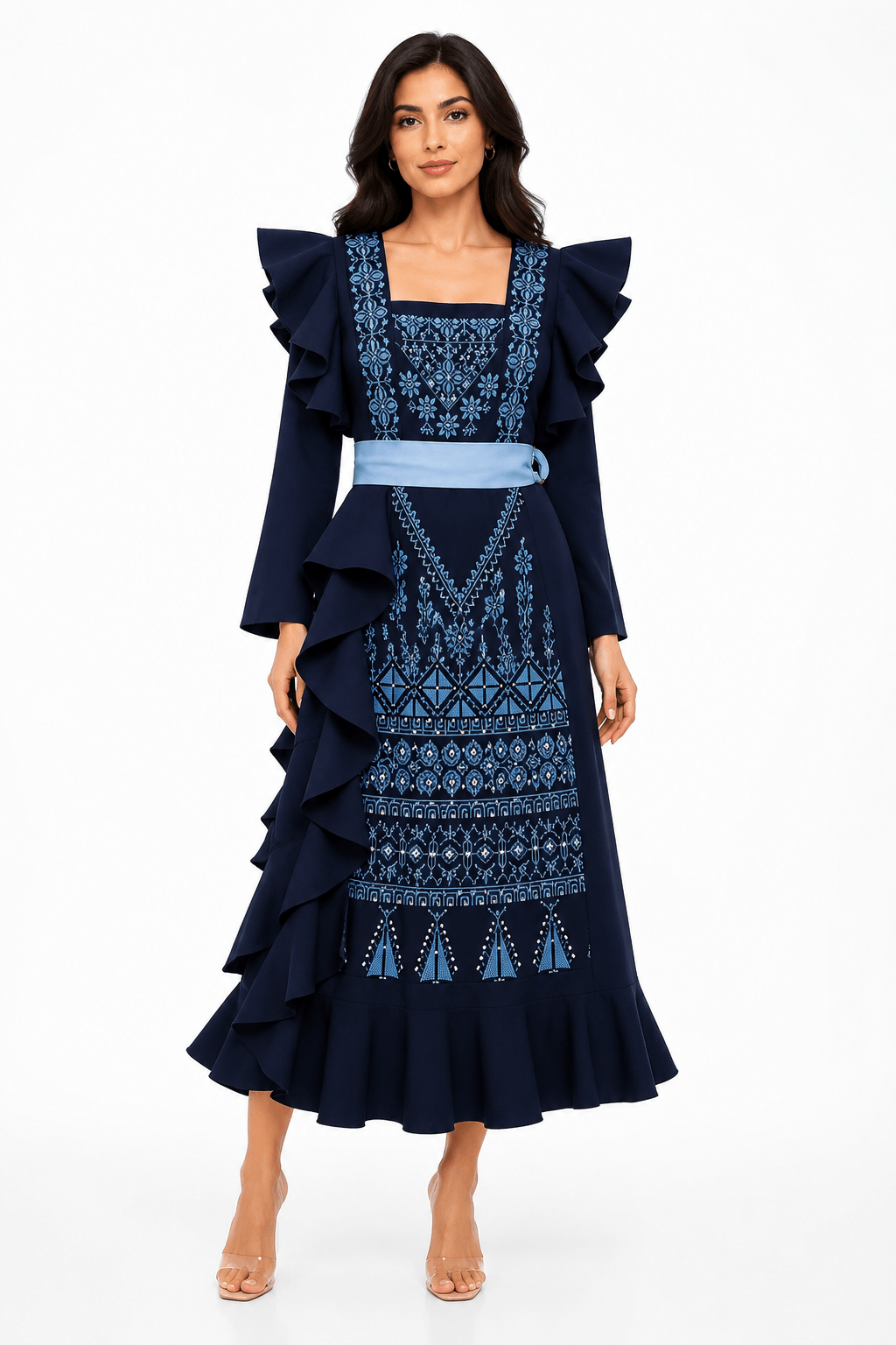 Dalaa Modern Palestinian Dress featuring intricate embroidery and ruffled sleeves, showcasing Middle Eastern heritage.