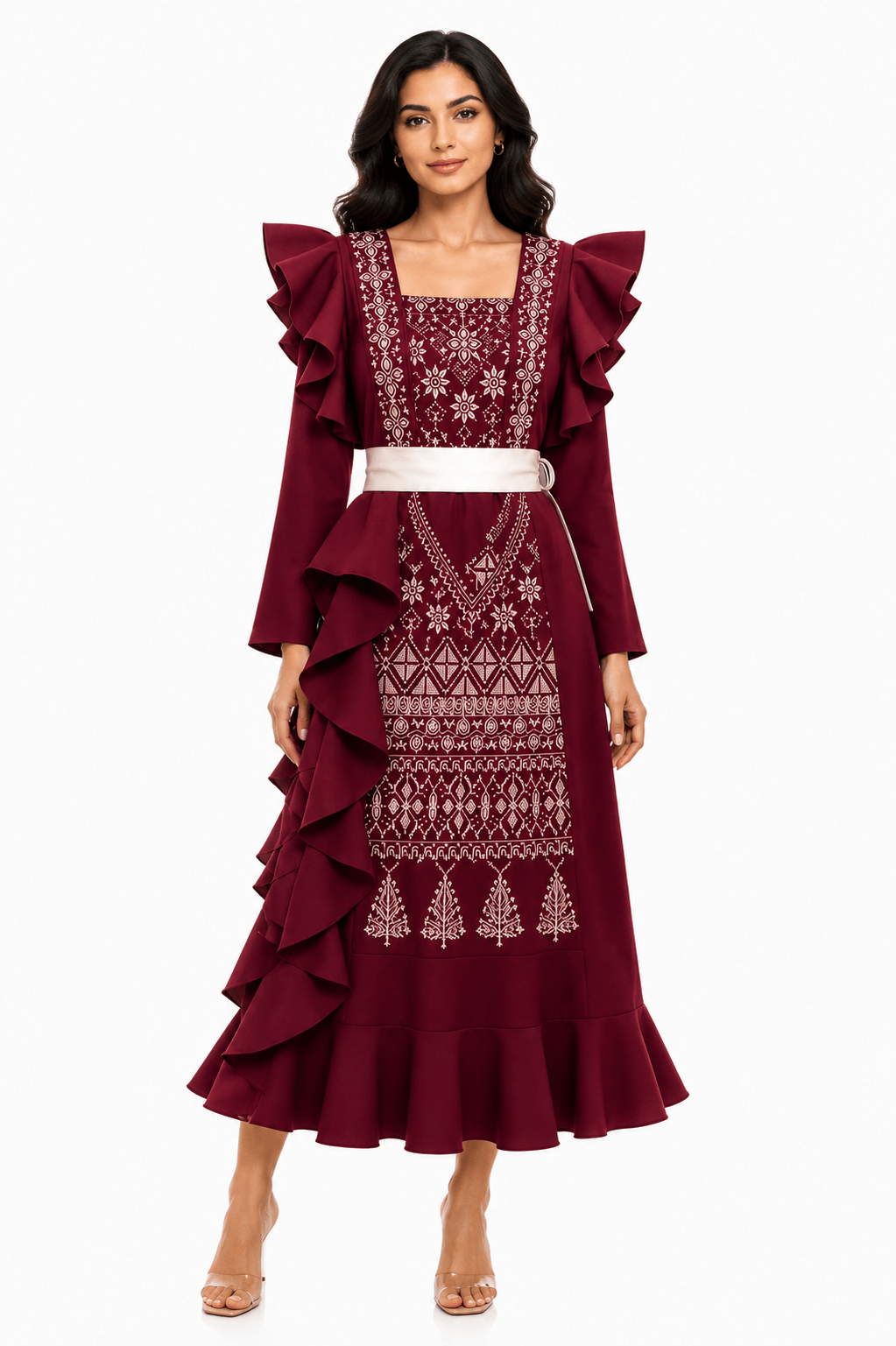 Dalaa Modern Palestinian Dress with intricate embroidery and ruffled sleeves in burgundy color.