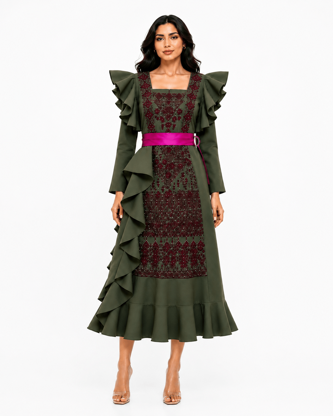 Dalaa Modern Palestinian Dress featuring intricate embroidery and ruffled sleeves in a contemporary silhouette.