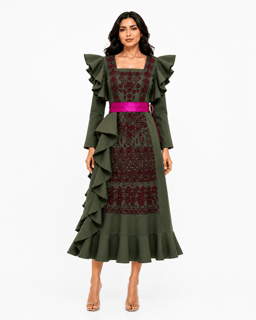Dalaa Modern Palestinian Dress featuring intricate embroidery and ruffled sleeves in a contemporary silhouette.