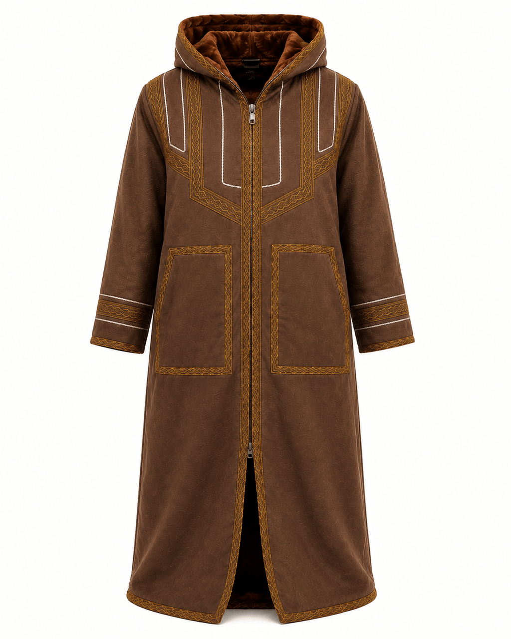Mens Traditional Jordanian Farwa Winter Coat with hood, embroidered details and front zip closure