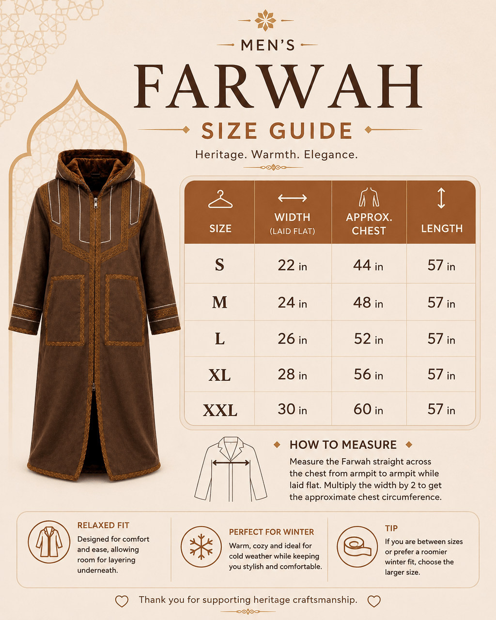 Mens Traditional Jordanian Farwa Winter Coat size chart