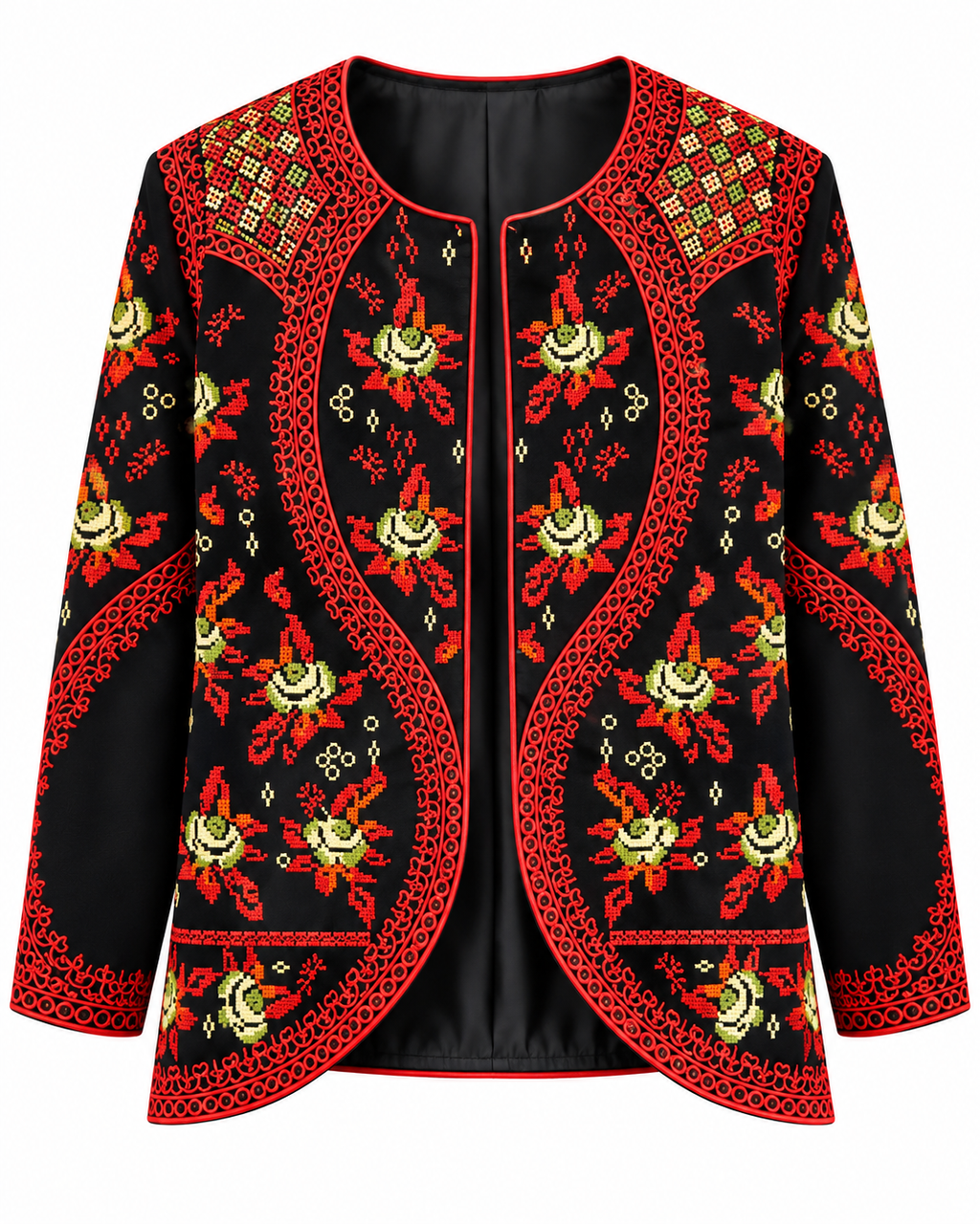 Embroidered Crepe Jacket for Women showcasing intricate floral embroidery in vibrant colors.