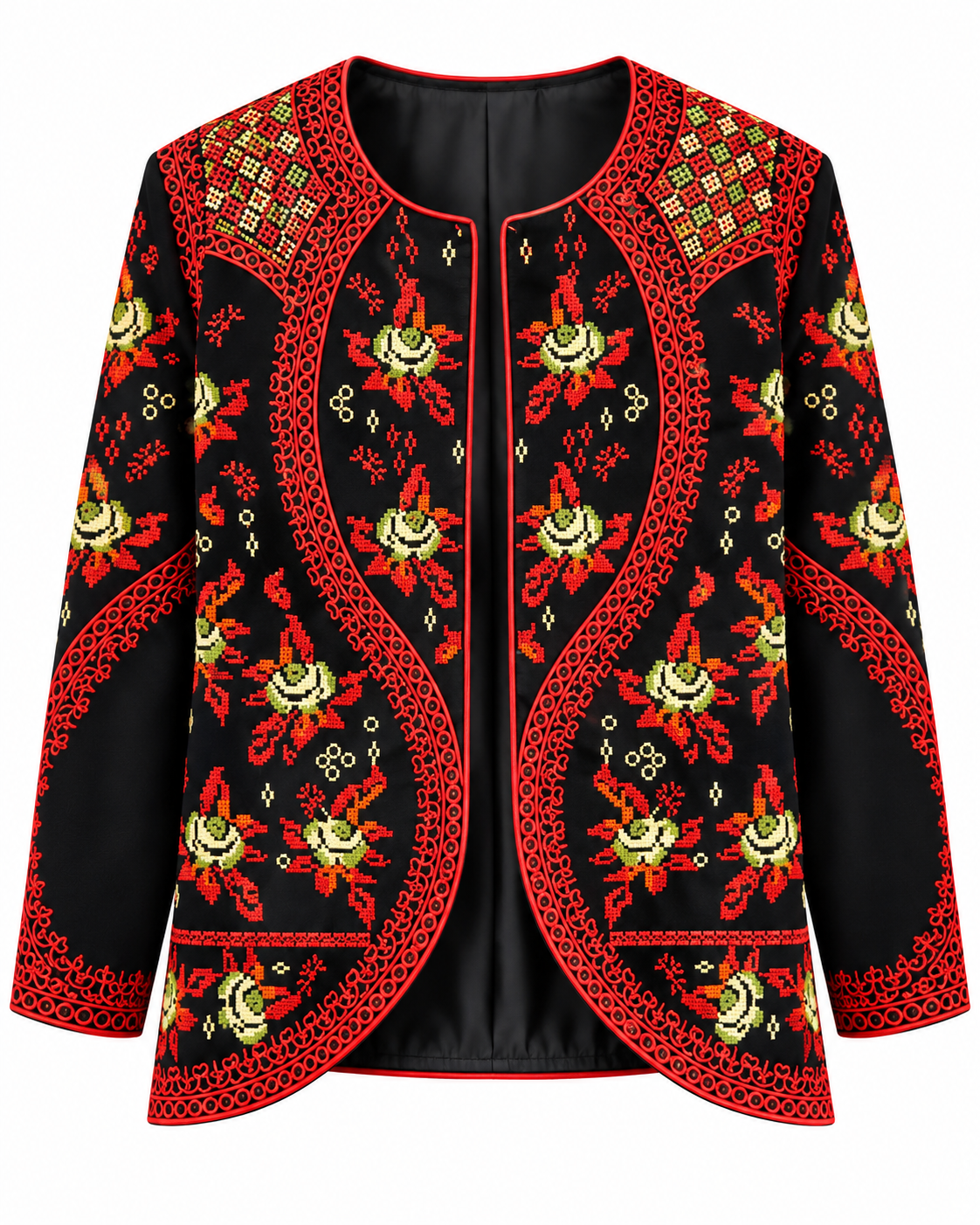 Embroidered Crepe Jacket for Women showcasing intricate floral embroidery in vibrant colors.