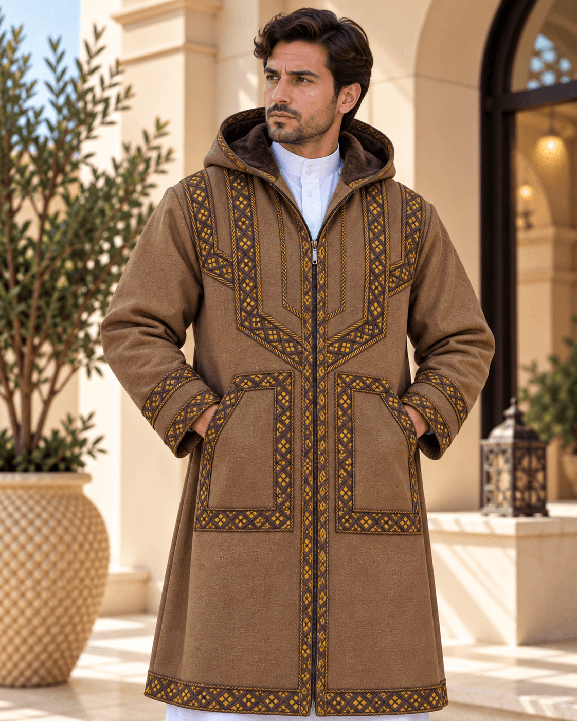 Mens Traditional Jordanian Farwa Winter Coat – Hooded Zip-Up in a stylish outdoor setting.