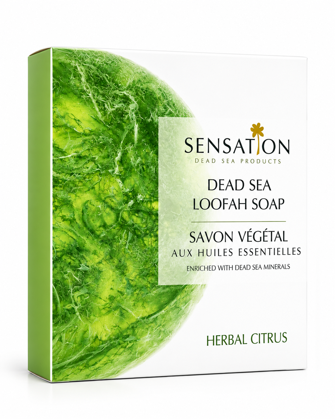 Natural Loofah Exfoliating Soap packaging featuring Dead Sea minerals and herbal citrus scent.
