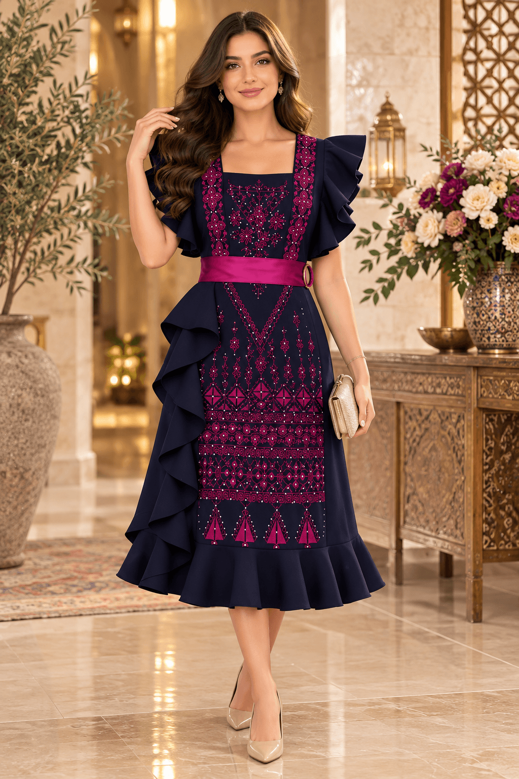 palestinian dress Dalaa Modern Sleeve Petite Evening Wear midis regal look Color:Strawberry
