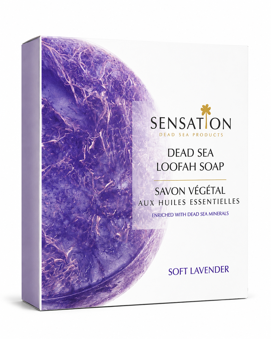 Natural loofah exfoliating soap in a packaging labeled as Dead Sea Loofah Soap with soft lavender scent.