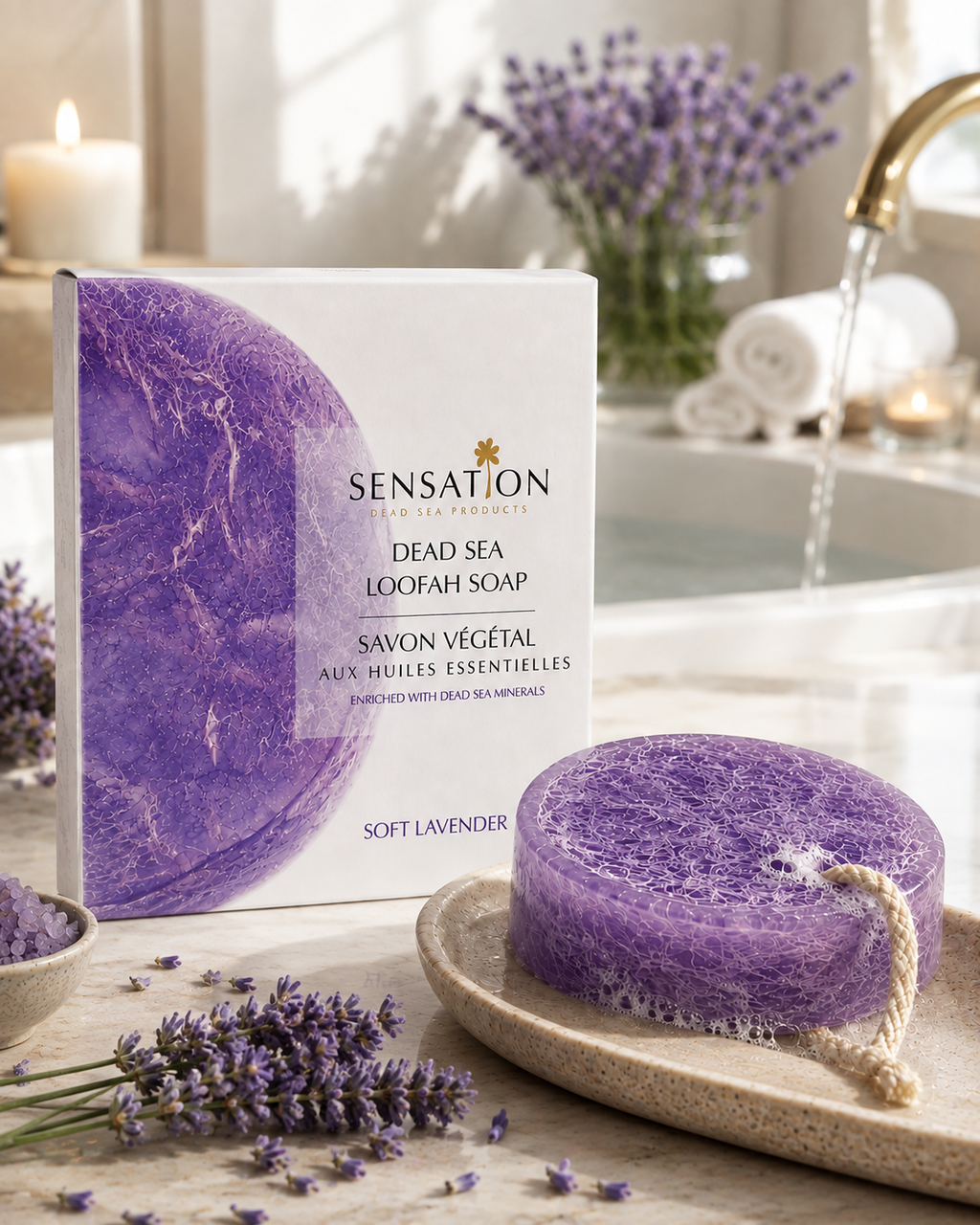 Natural loofah exfoliating soap in soft lavender packaging, promoting a rejuvenating bathing experience.